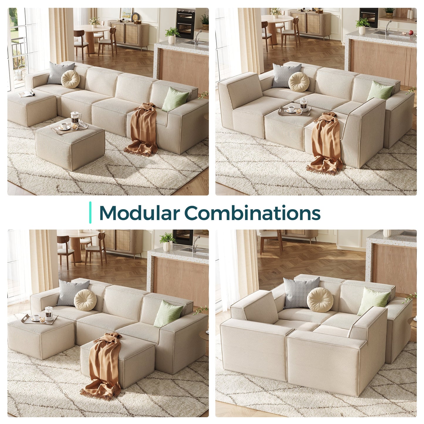 Oversized Modular Sectional Sofa, L-Shaped Cloud Sofa Couch with Corduroy Fabric, 3 Seat Sponge Sofa for Living Room, No Assembly Required, Beige