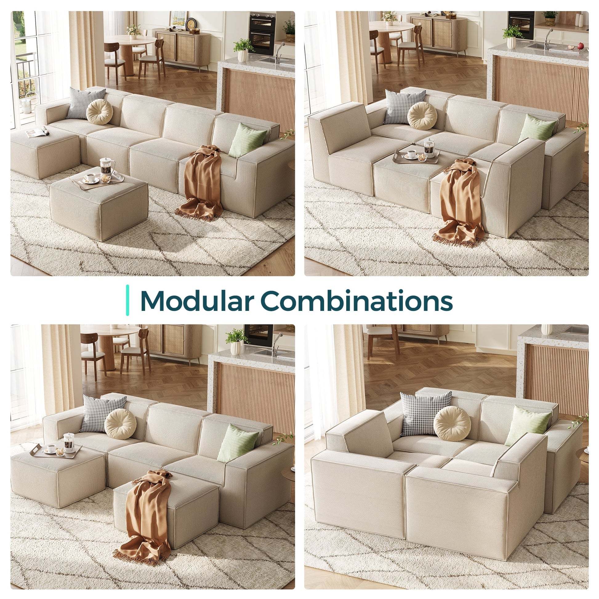 Oversized Modular Sectional Sofa, L-Shaped Cloud Sofa Couch with Corduroy Fabric, 3 Seat Sponge Sofa for Living Room, No Assembly Required, Beige