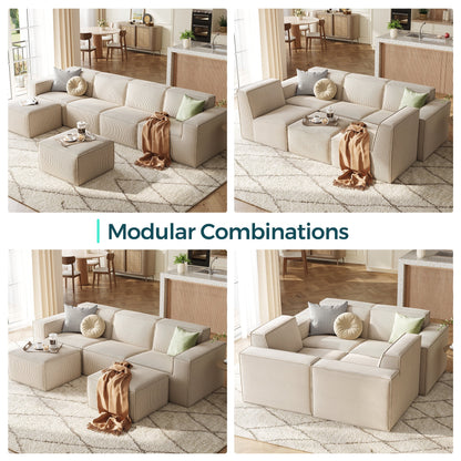 Oversized Modular Sectional Sofa, L-Shaped Cloud Sofa Couch with Corduroy Fabric, 3 Seat Sponge Sofa for Living Room, No Assembly Required, Beige