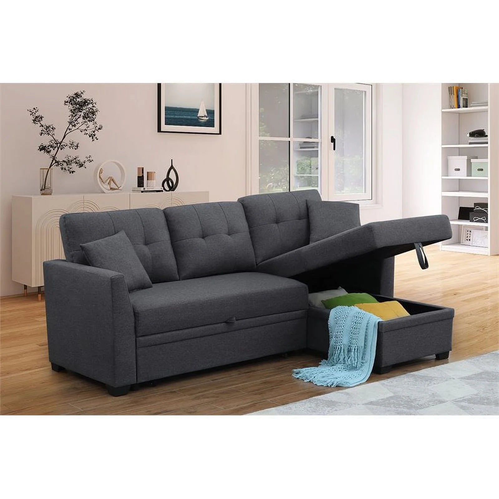 3 Seater L-Shaped Sofa with Pull-Out Sleeper Sofa, Sofa with Storage Recliner for Living Room, Bedroom, Apartment Small Combination Sofa, Dark Gray