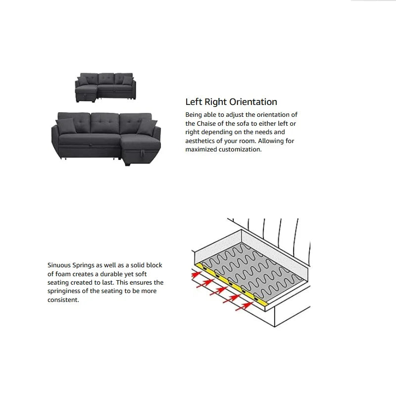 3 Seater L-Shaped Sofa with Pull-Out Sleeper Sofa, Sofa with Storage Recliner for Living Room, Bedroom, Apartment Small Combination Sofa, Dark Gray