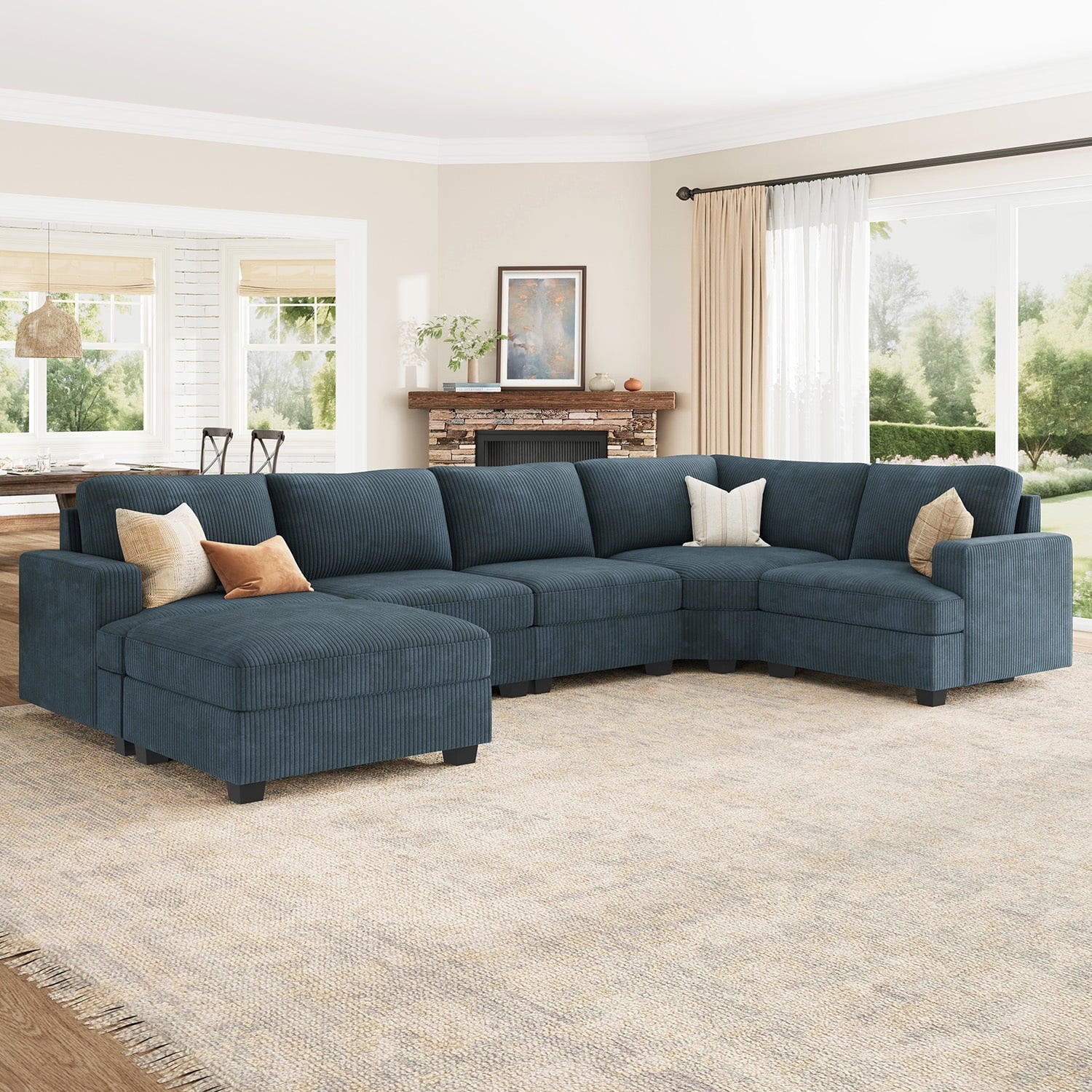 U-Shaped Modular Sectional Sofa Set, Convertible Sleeper with Storage Ottoman and Washable Covers for Family Living Room, Blue