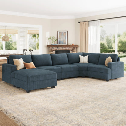 U-Shaped Modular Sectional Sofa Set, Convertible Sleeper with Storage Ottoman and Washable Covers for Family Living Room, Blue