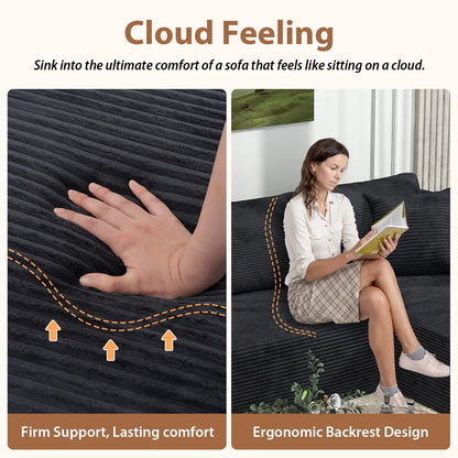 Indoor Modular Sectional Sofa, 132'' Corduroy Cloud Couch with Double Chaise, U Shaped Sofas with Deep Seat, Comfy Fluffy Plush Couches, No Assembly Required, Black