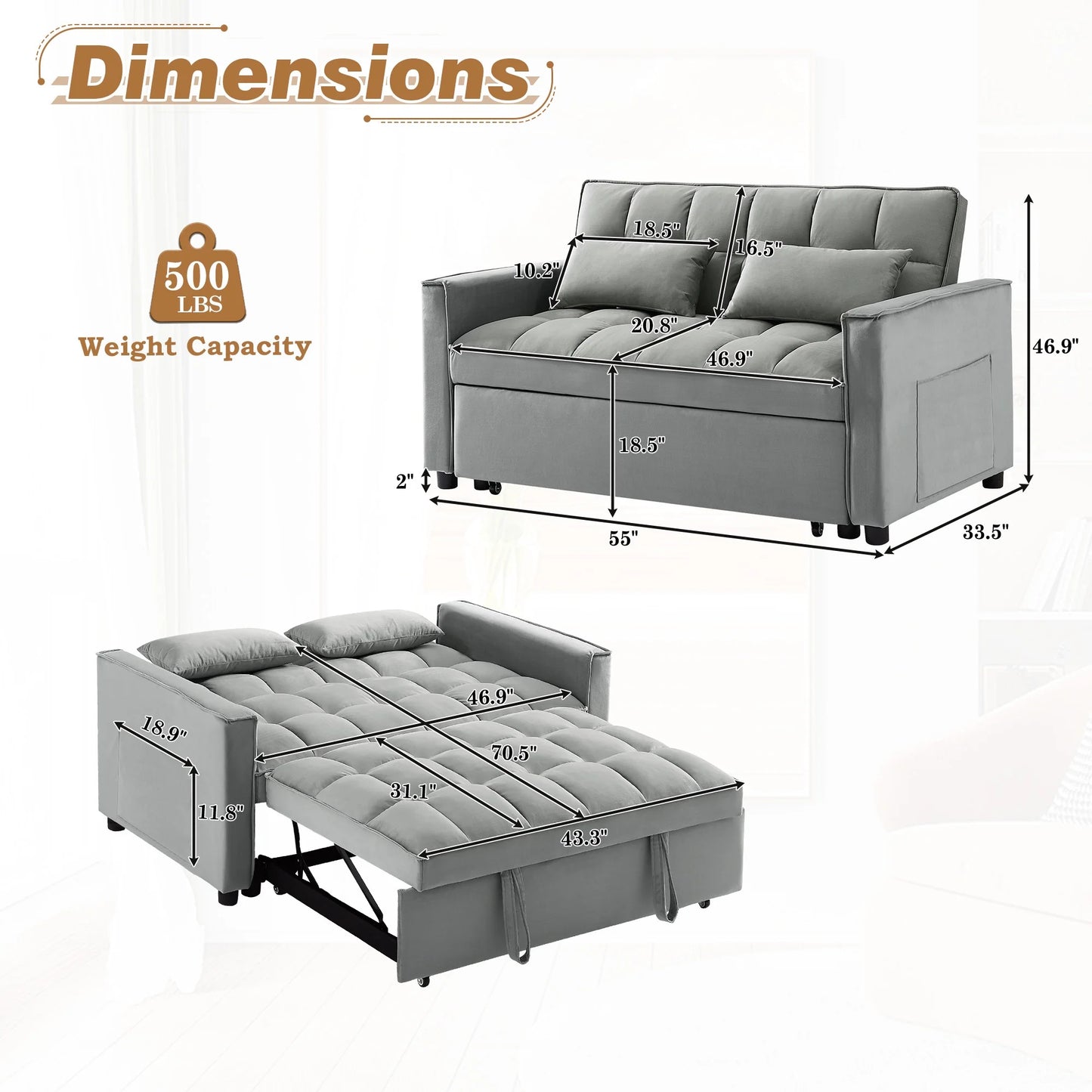 4-In-1 Convertible Futon Sofa Bed, Pull Out Couch Beds Loveseat Sleeper, Gray Velvet