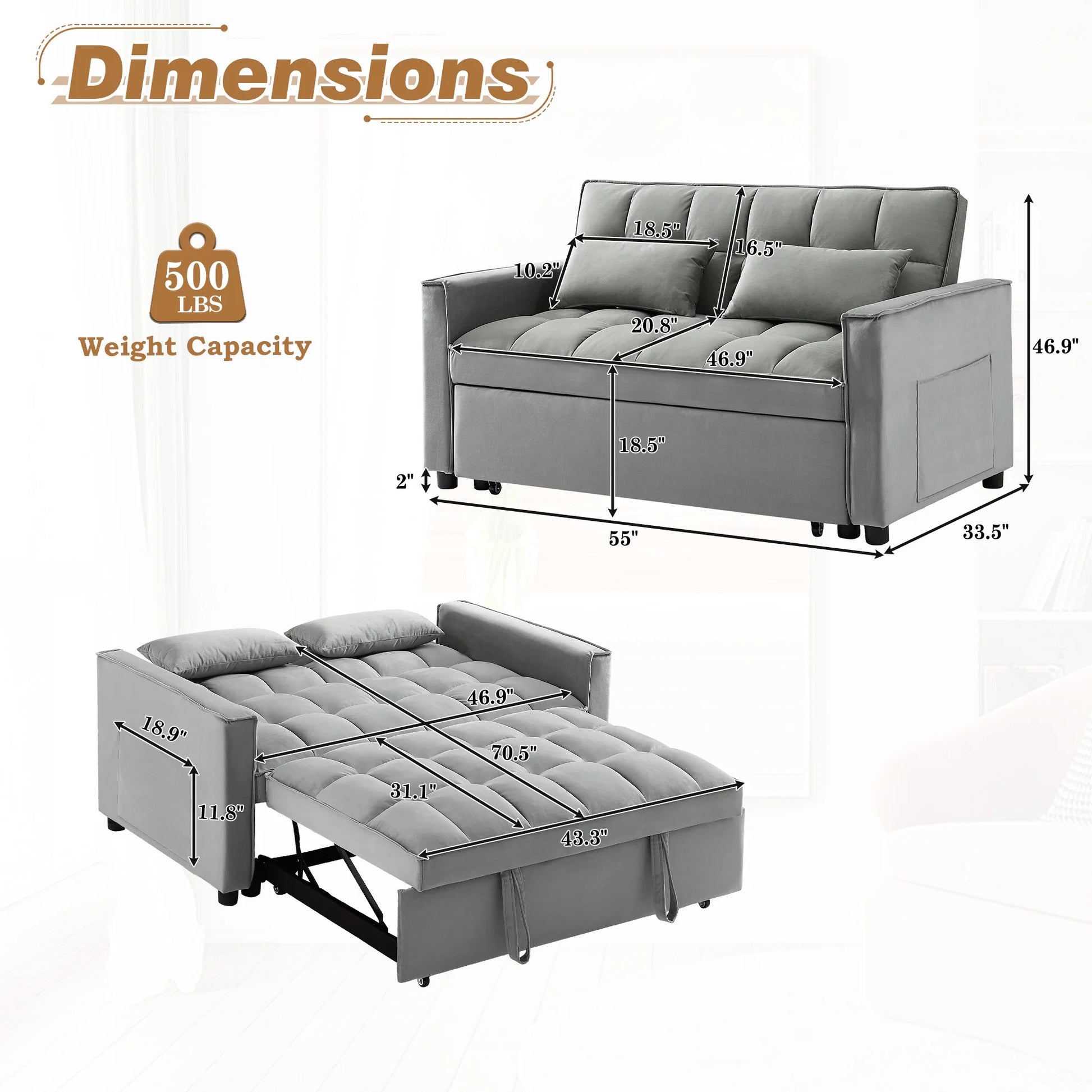 4-In-1 Convertible Futon Sofa Bed, Pull Out Couch Beds Loveseat Sleeper, Gray Velvet
