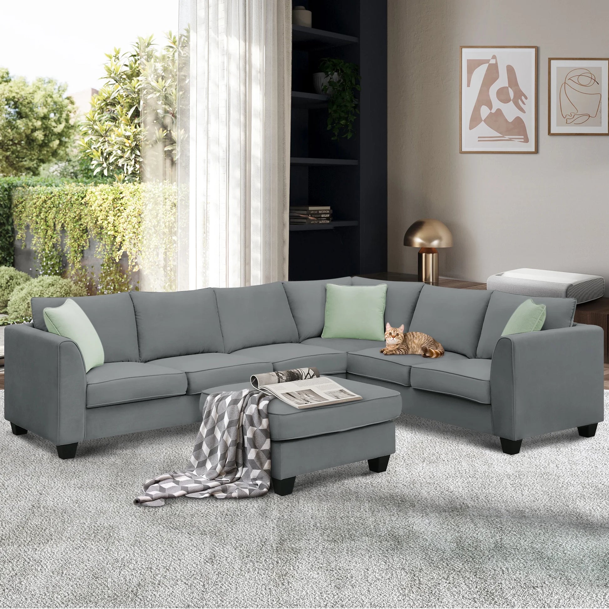Style 112*87 Inches Modular Sofa with Footrest L Shape Fabric Sofa with 3 Pillows