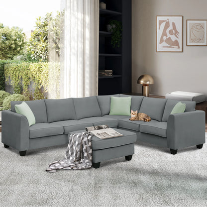 Style 112*87 Inches Modular Sofa with Footrest L Shape Fabric Sofa with 3 Pillows