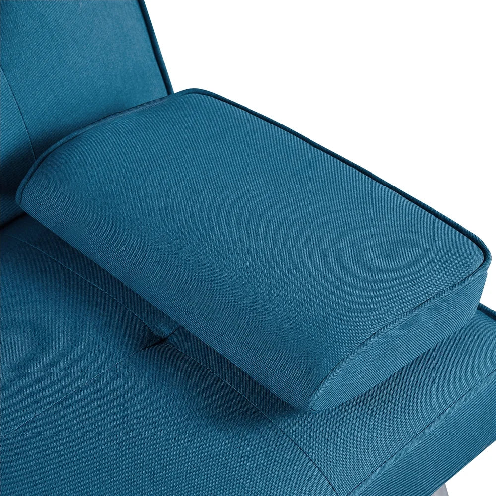 Fabric Upholstered Convertible Futon Sofa Bed with Cup Holders and Pillows for Livingroom, Aqua Blue