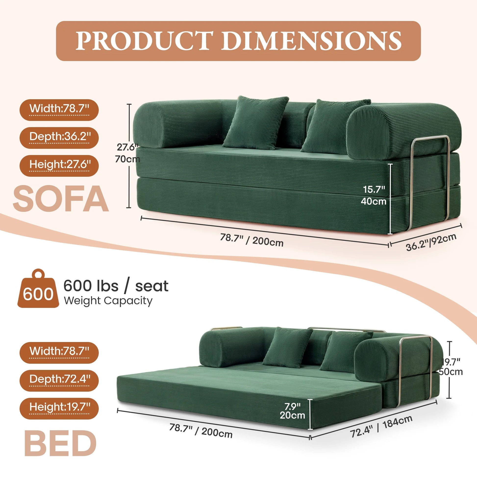 78.7" W Combination Sofa, High Rebound Density Sponge Sofa Couch, Two Forms Floor Couch Three Seats Sofa Bed for Living Room, Bedroom, Green