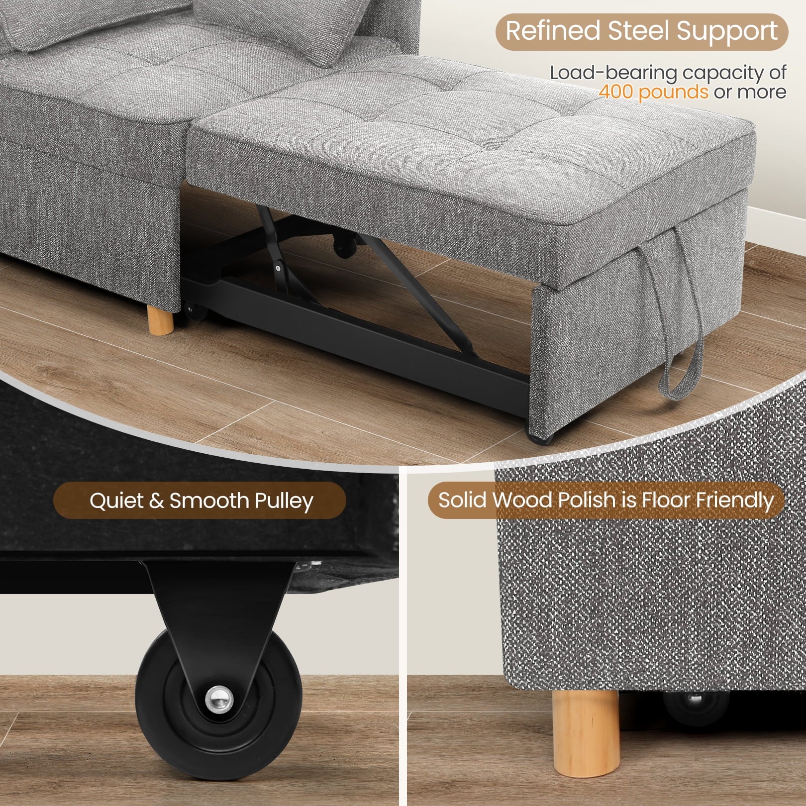 4-In-1 Convertible Sofa Chair Bed, Linen Sleeper Chair for Small Space, Futon Sofa Bed with 5 Adjustable Backrest, Single Small Couch for Living Room Bedroom Apartment, Gray