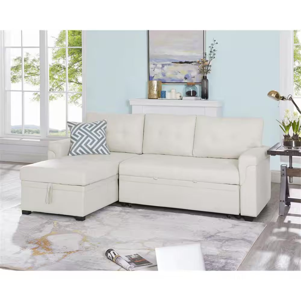 84.64 In. W Stylish Reversible Velvet Sleeper Sectional Sofa Storage Chaise Pull-Out Convertible Sofa in Cream