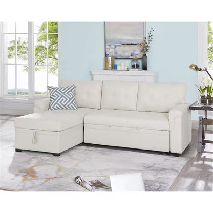 84.64 In. W Stylish Reversible Velvet Sleeper Sectional Sofa Storage Chaise Pull-Out Convertible Sofa in Cream