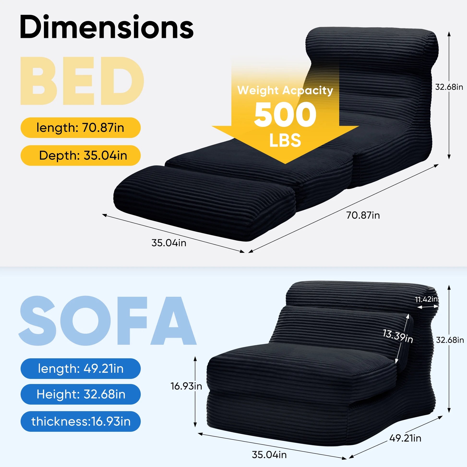 Folding Sofa Bed, 3 in 1 Convertible Sofa with Back Support, Portable Folding Chair Bed, Living Room Bedroom Comfortable Floor Sofa Lounge, Single Bed, Black