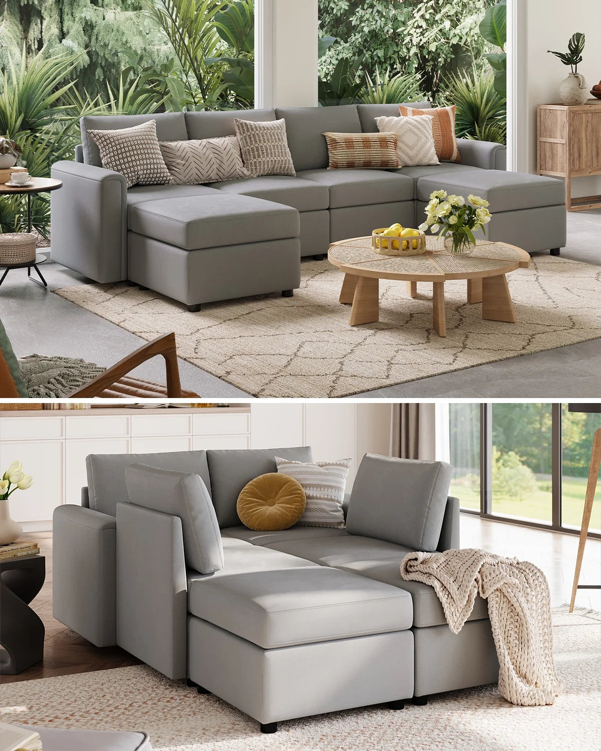 Modular Couches and Sofas Sectional with Storage, 6 Seat Sectional Sofa for Living Room, U Shaped Sectional Couch with Reversible Chaises, Light Gray