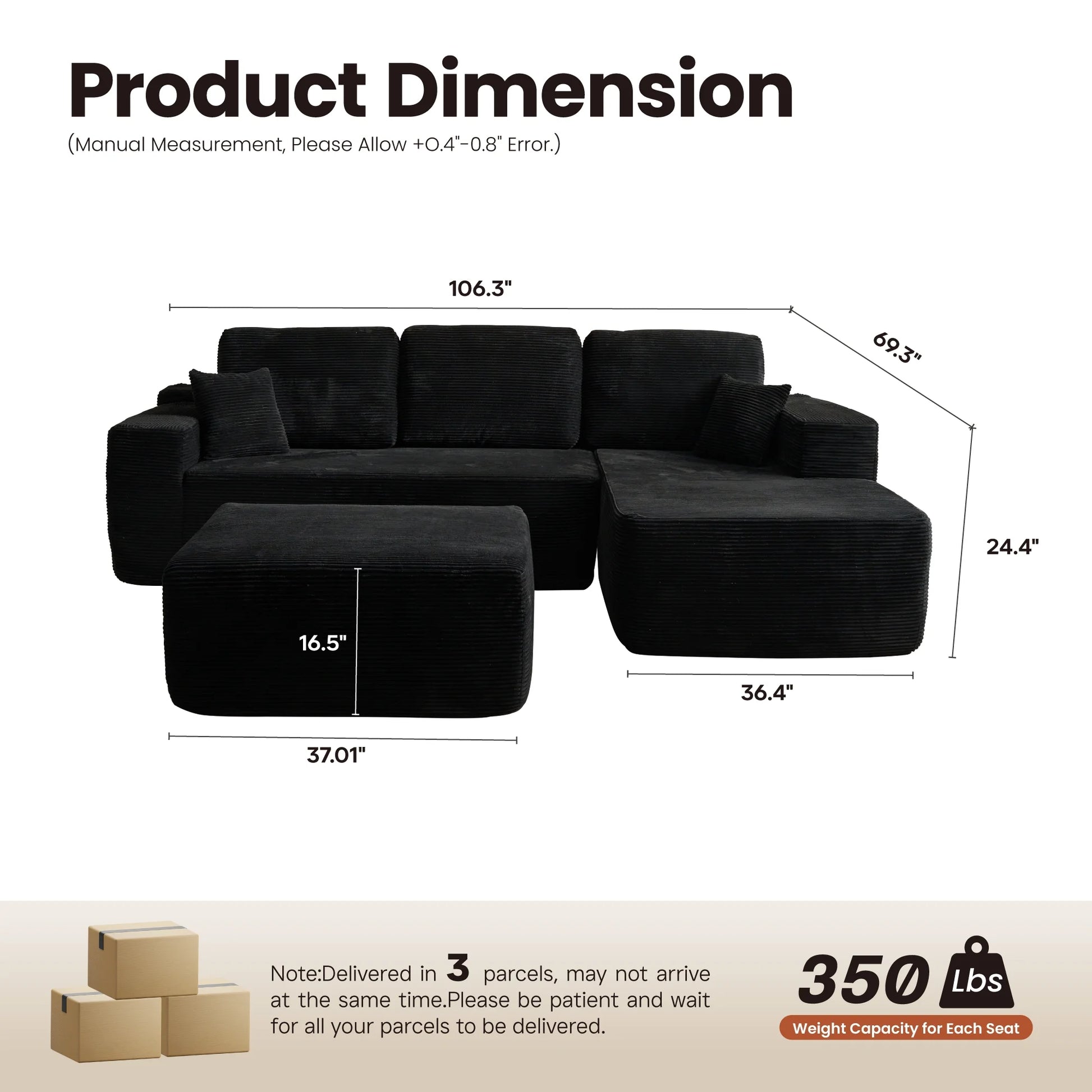 106" U-Shaped Sectional Sofa with Ottoman Modern Modular Cloud Couch with Deep Seating Upholstered Sofa for Living Room Bedroom, No Assembly Required, Black(Corduroy)