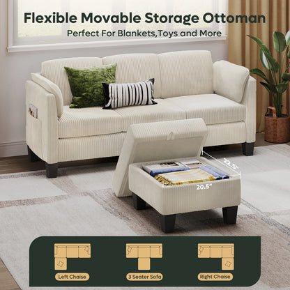 Corduroy Sectional Sofa Couches for Living Room, L-Shaped Modular Small Couch Convertible 3 Seater Sofa with Ottaman Storage,Beige