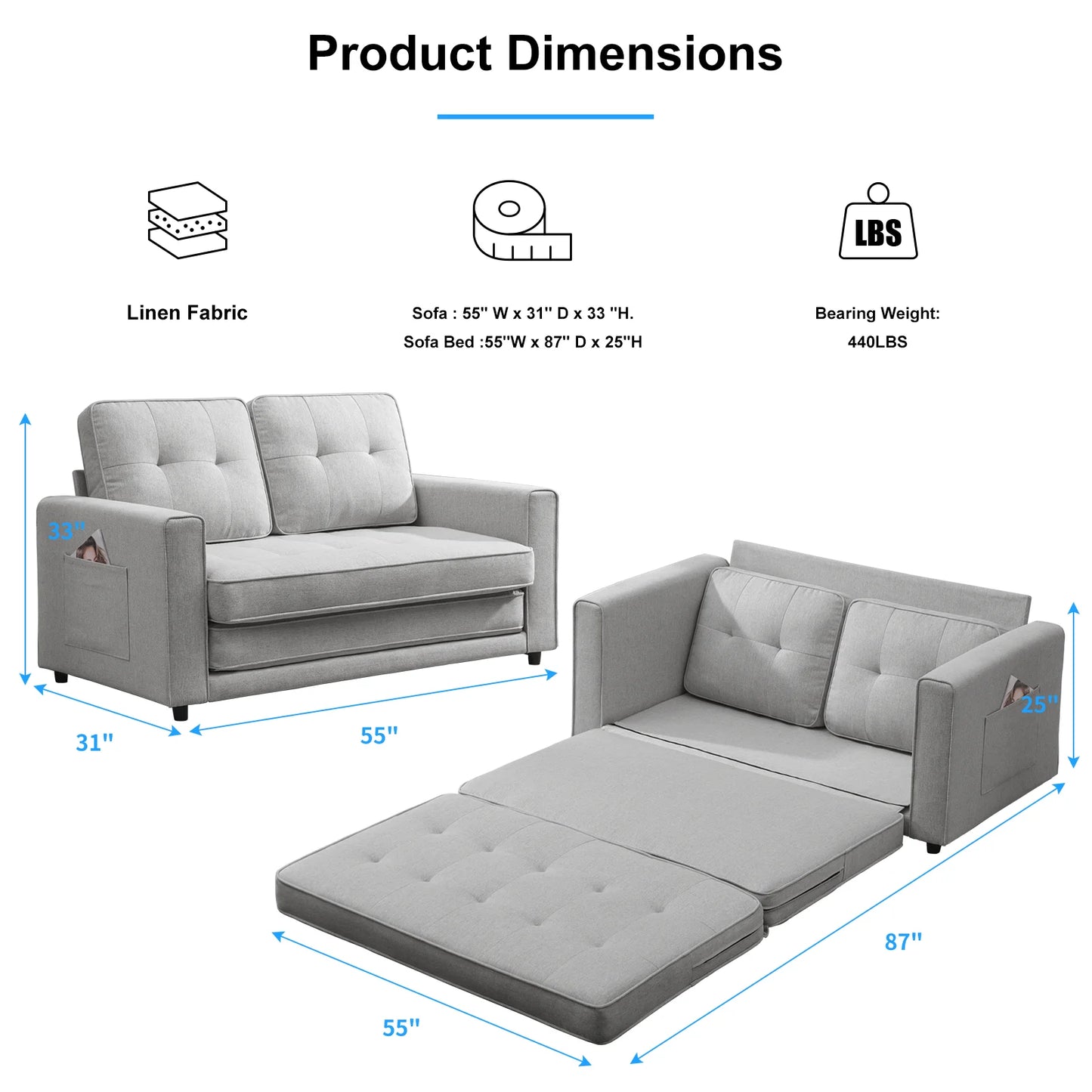 Loveseat Sleeper Sofa, 55.5"*84.5" Convertible Futon Sofa Bed with Pull Out Couch, Folding Couch Bed,Linen, Light Grey