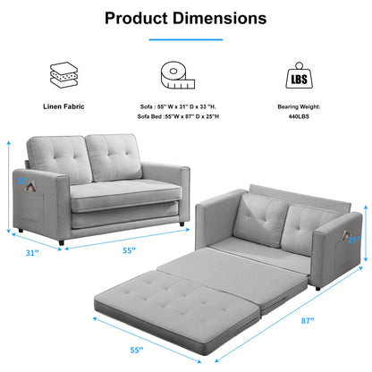 Loveseat Sleeper Sofa, 55.5"*84.5" Convertible Futon Sofa Bed with Pull Out Couch, Folding Couch Bed,Linen, Light Grey