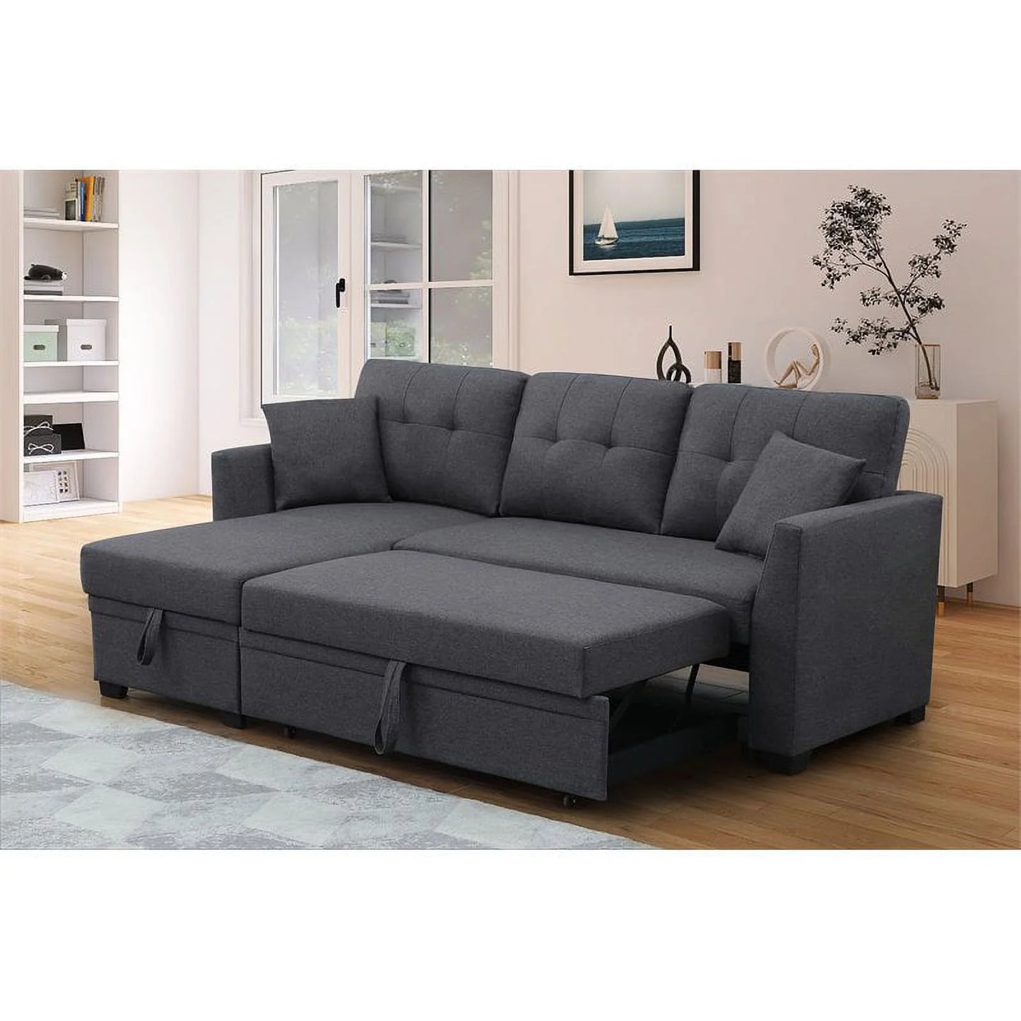3 Seater L-Shaped Sofa with Pull-Out Sleeper Sofa, Sofa with Storage Recliner for Living Room, Bedroom, Apartment Small Combination Sofa, Dark Gray
