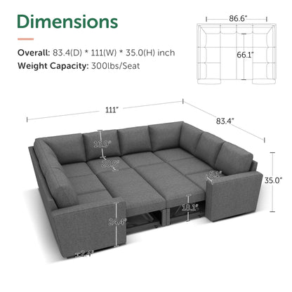 Velvet Pull-Out Modular Sectional Sleeper Sofa Bed with Storage for Living Room, Gray