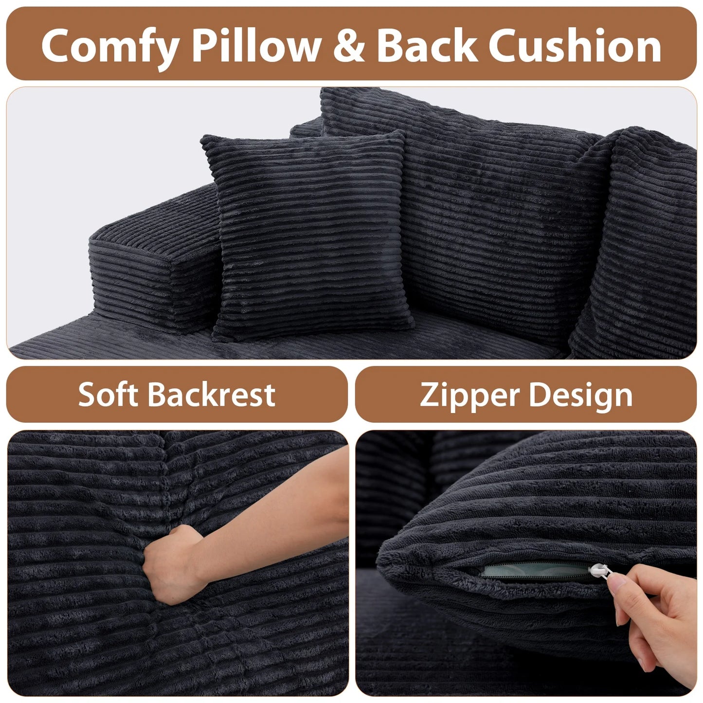 Indoor Modular Sectional Sofa, 132'' Corduroy Cloud Couch with Double Chaise, U Shaped Sofas with Deep Seat, Comfy Fluffy Plush Couches, No Assembly Required, Black