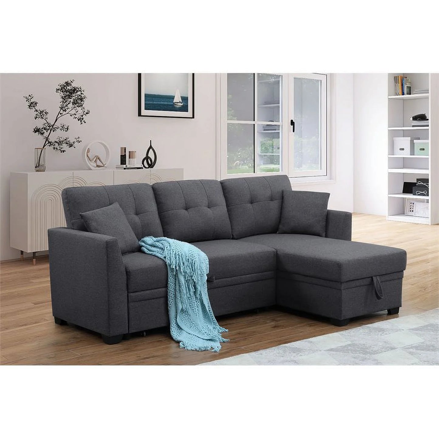 3 Seater L-Shaped Sofa with Pull-Out Sleeper Sofa, Sofa with Storage Recliner for Living Room, Bedroom, Apartment Small Combination Sofa, Dark Gray