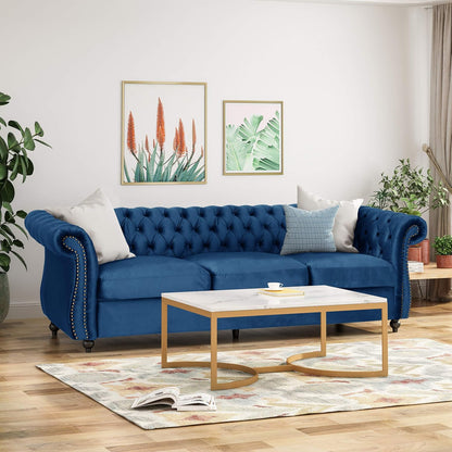 Great Deal Furniture  Chesterfield Tufted Jewel Toned Velvet Sofa with Scroll Arms, Navy Blue