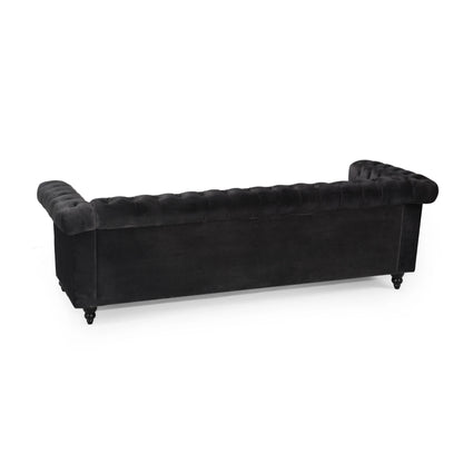 Zyiere Tufted Chesterfield 3 Seater Sofa, Black Velvet and Dark Brown