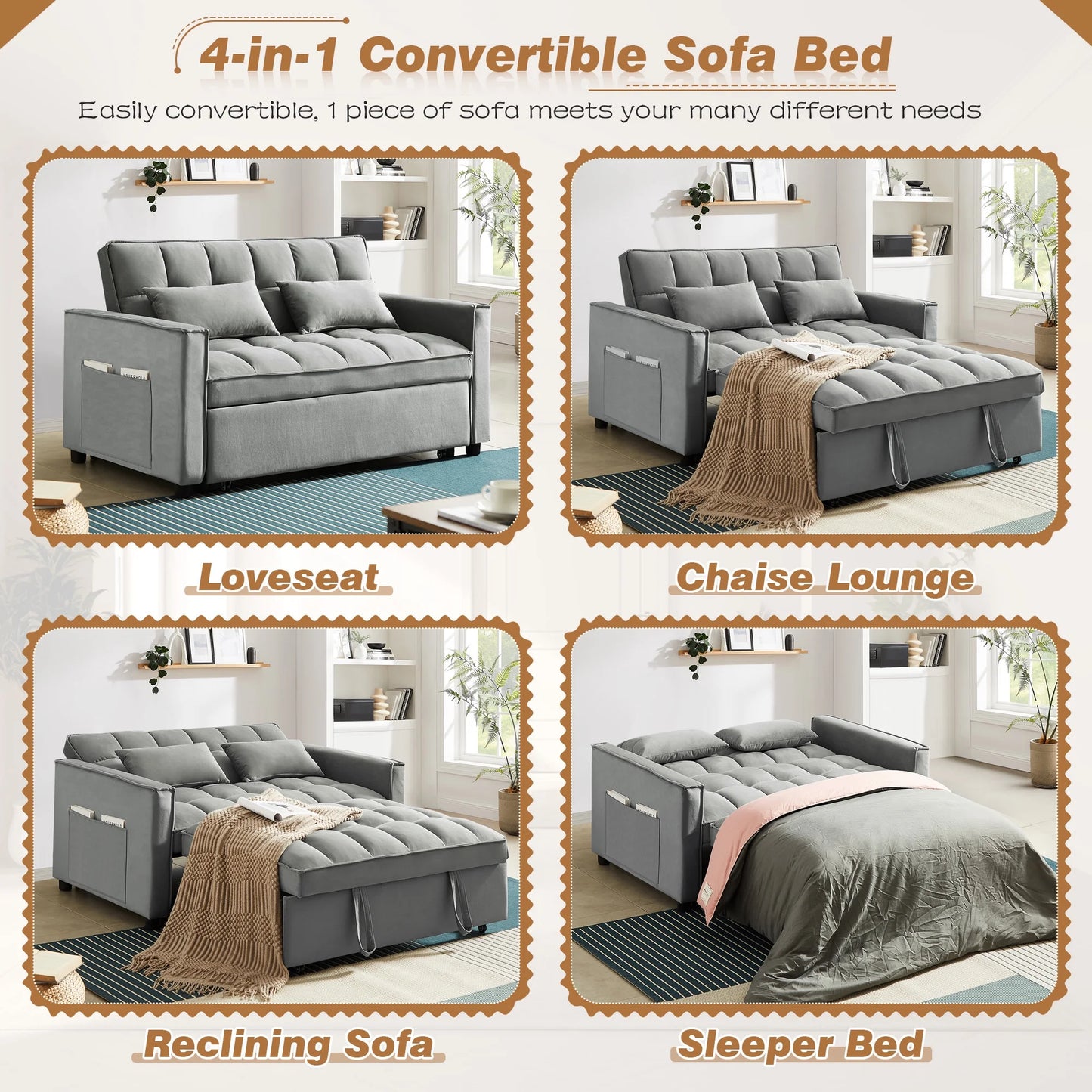 4-In-1 Convertible Futon Sofa Bed, Pull Out Couch Beds Loveseat Sleeper, Gray Velvet