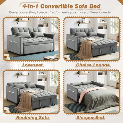 4-In-1 Convertible Futon Sofa Bed, Pull Out Couch Beds Loveseat Sleeper, Gray Velvet