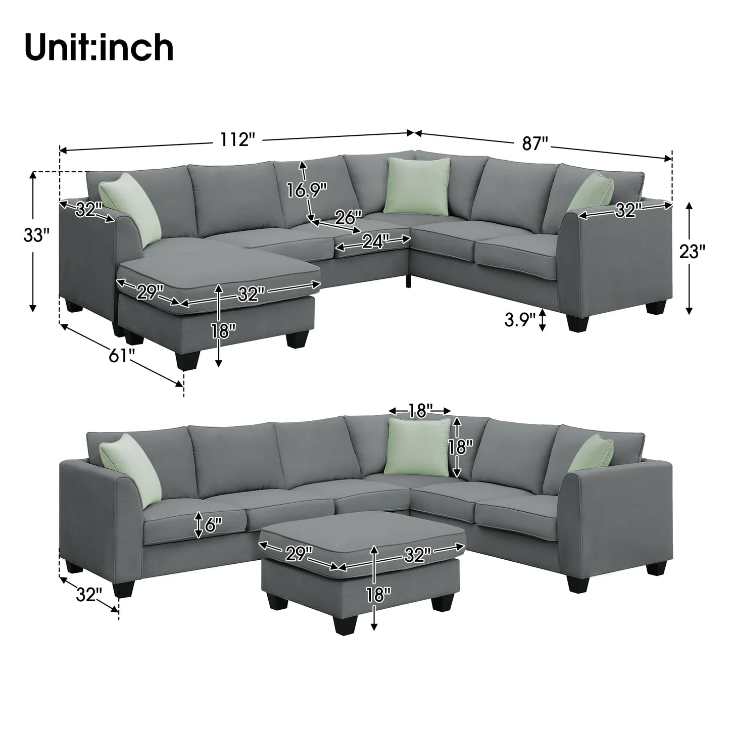 Style 112*87 Inches Modular Sofa with Footrest L Shape Fabric Sofa with 3 Pillows