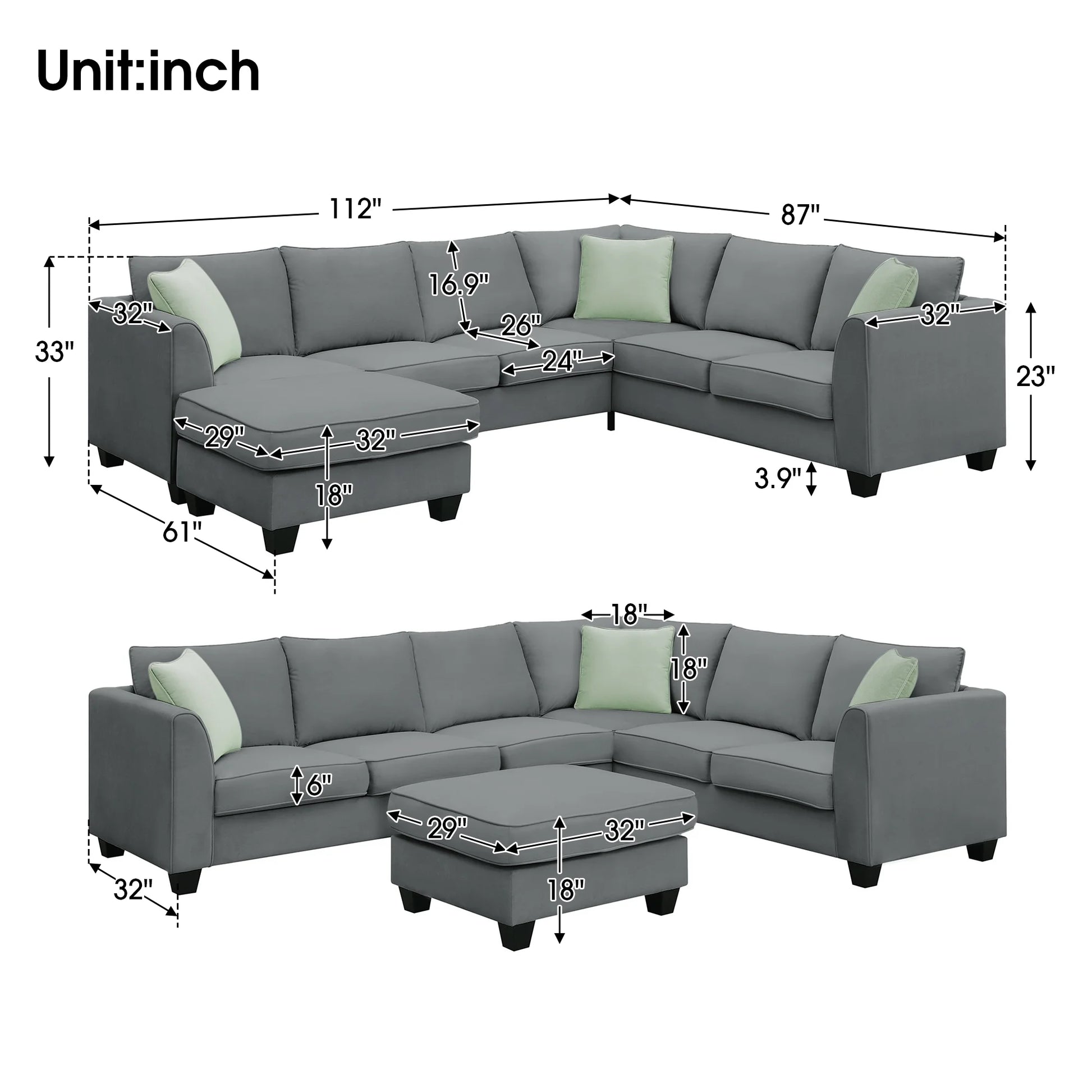 Style 112*87 Inches Modular Sofa with Footrest L Shape Fabric Sofa with 3 Pillows