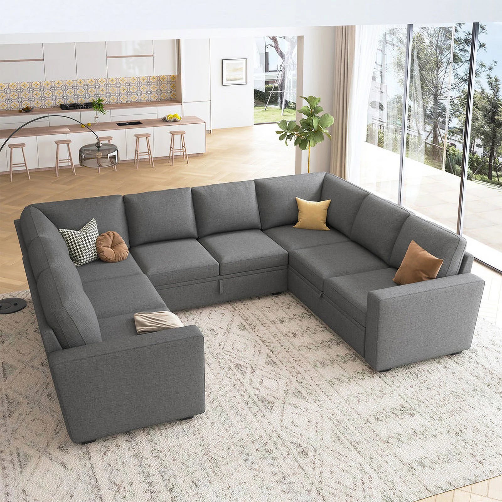 Velvet Pull-Out Modular Sectional Sleeper Sofa Bed with Storage for Living Room, Gray