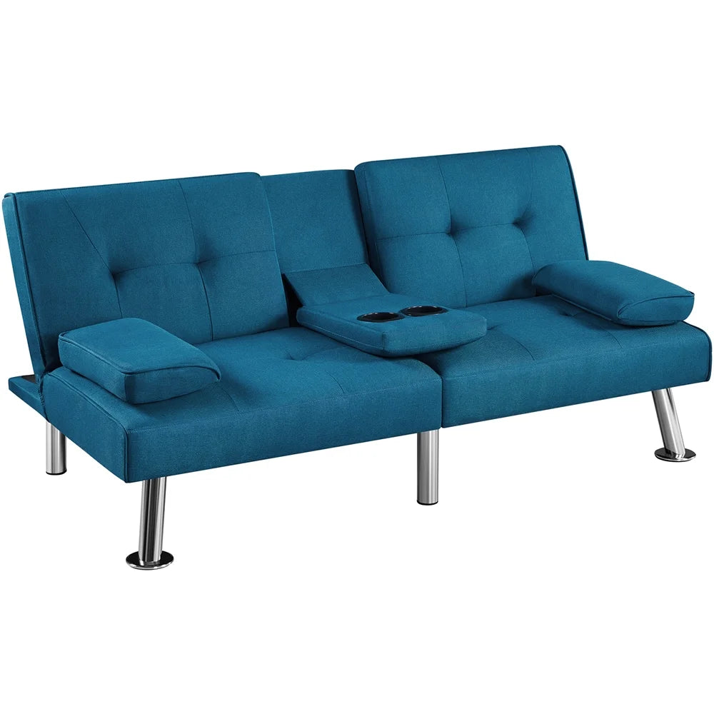 Fabric Upholstered Convertible Futon Sofa Bed with Cup Holders and Pillows for Livingroom, Aqua Blue