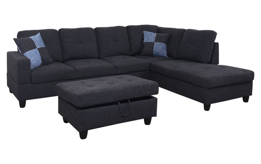 3 - Piece L - Shape Sectional Sofa Set, Right Hand Facing Chaise, LINEN Upholstery Material, Dark Grey / Gray Color, More Colors & Styles Available