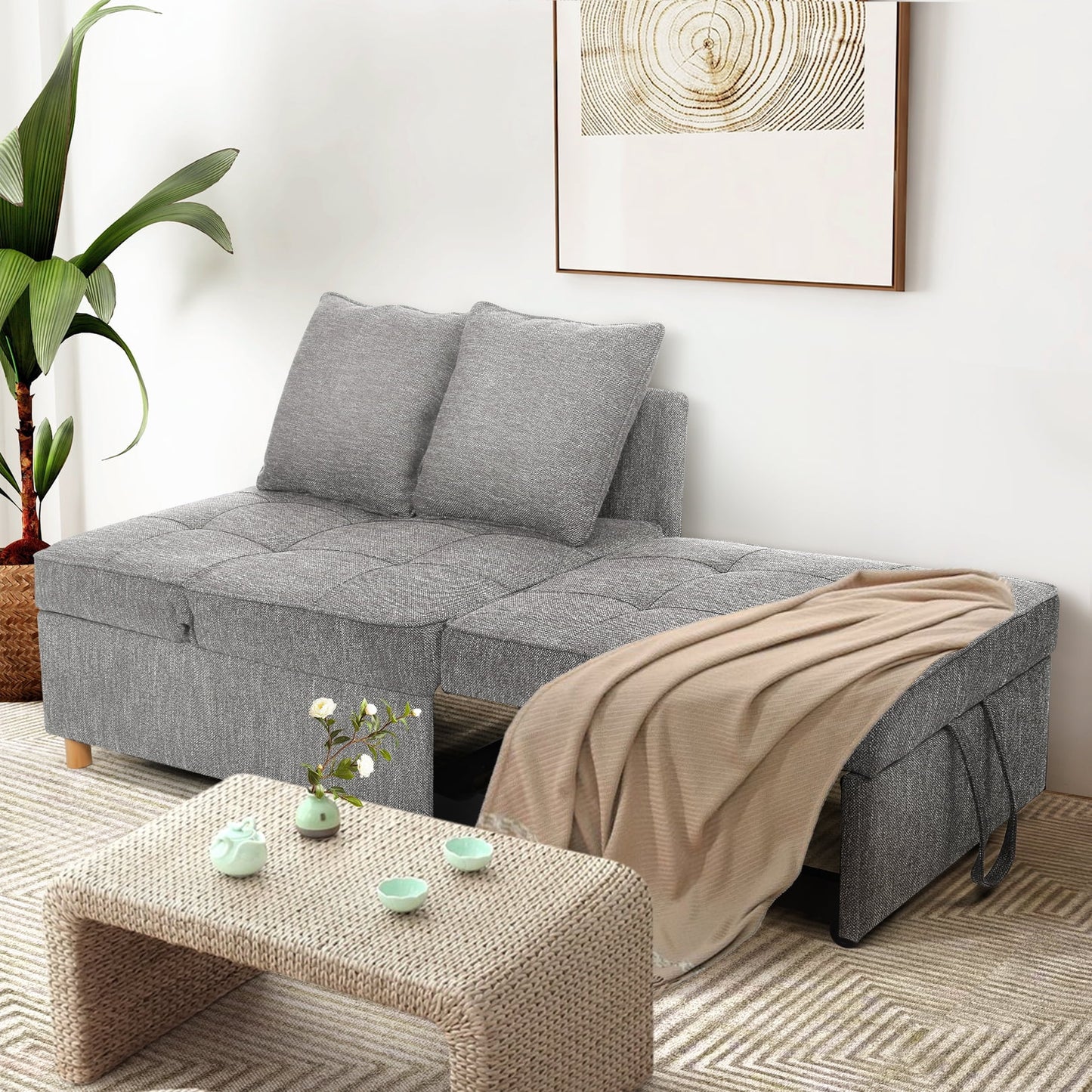 4-In-1 Convertible Sofa Chair Bed, Linen Sleeper Chair for Small Space, Futon Sofa Bed with 5 Adjustable Backrest, Single Small Couch for Living Room Bedroom Apartment, Gray