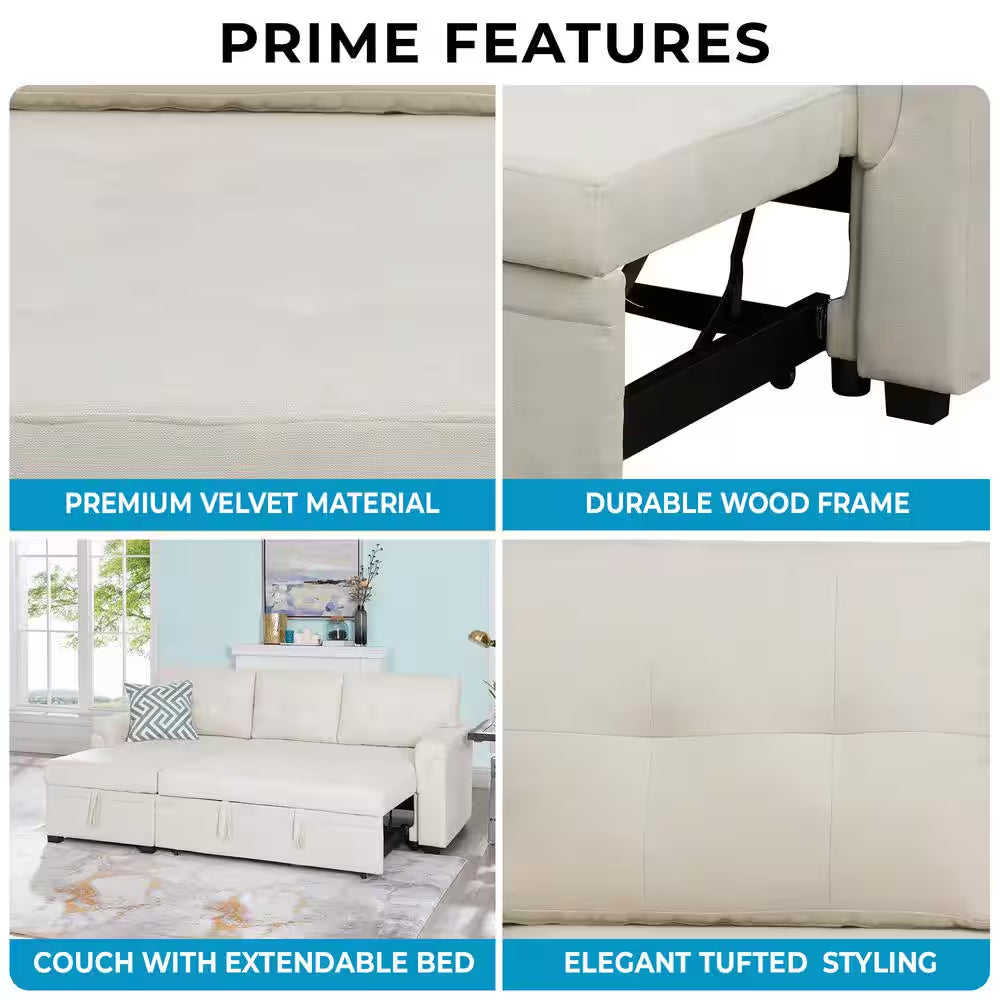84.64 In. W Stylish Reversible Velvet Sleeper Sectional Sofa Storage Chaise Pull-Out Convertible Sofa in Cream
