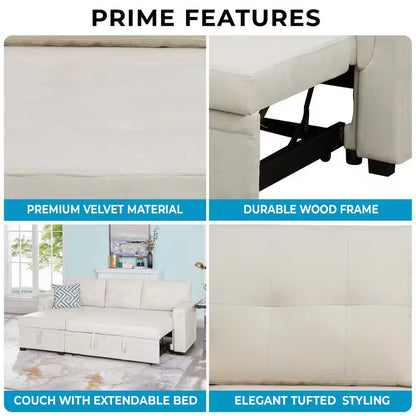 84.64 In. W Stylish Reversible Velvet Sleeper Sectional Sofa Storage Chaise Pull-Out Convertible Sofa in Cream