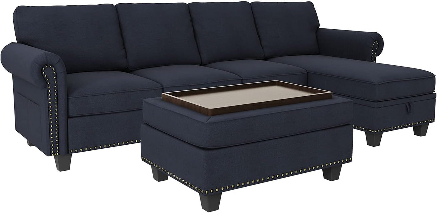 Convertible Sectional Sofa Couch, L Shaped Sofa with Storage Ottoman, Reversible Couch for Living Room, Denim Blue