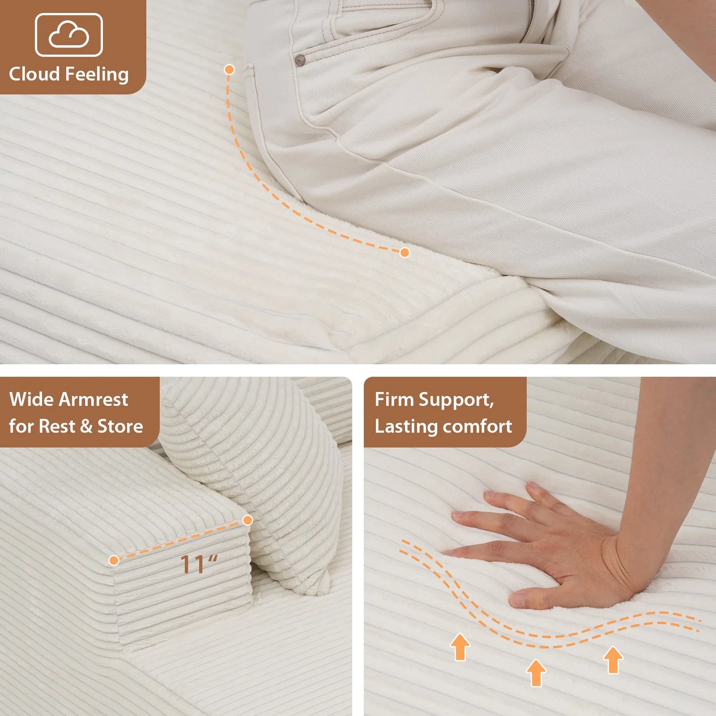 Indoor Modular Sectional Sofa, 106" Corduroy Cloud Couch L Shaped Sofas with Deep Seat, Comfy Fluffy Plush Couches, No Assembly Required, Left Chaise, White