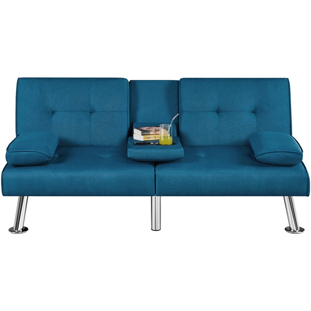 Fabric Upholstered Convertible Futon Sofa Bed with Cup Holders and Pillows for Livingroom, Aqua Blue