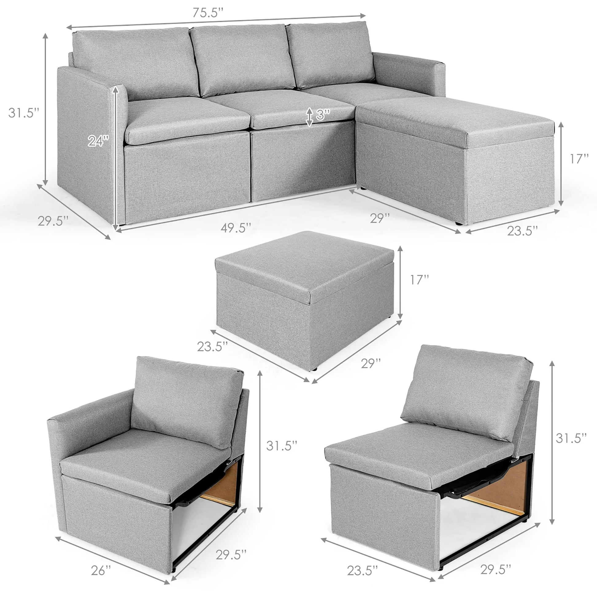 Convertible Sectional Sofa L-Shaped Couch W/Reversible Chaise Light Grey