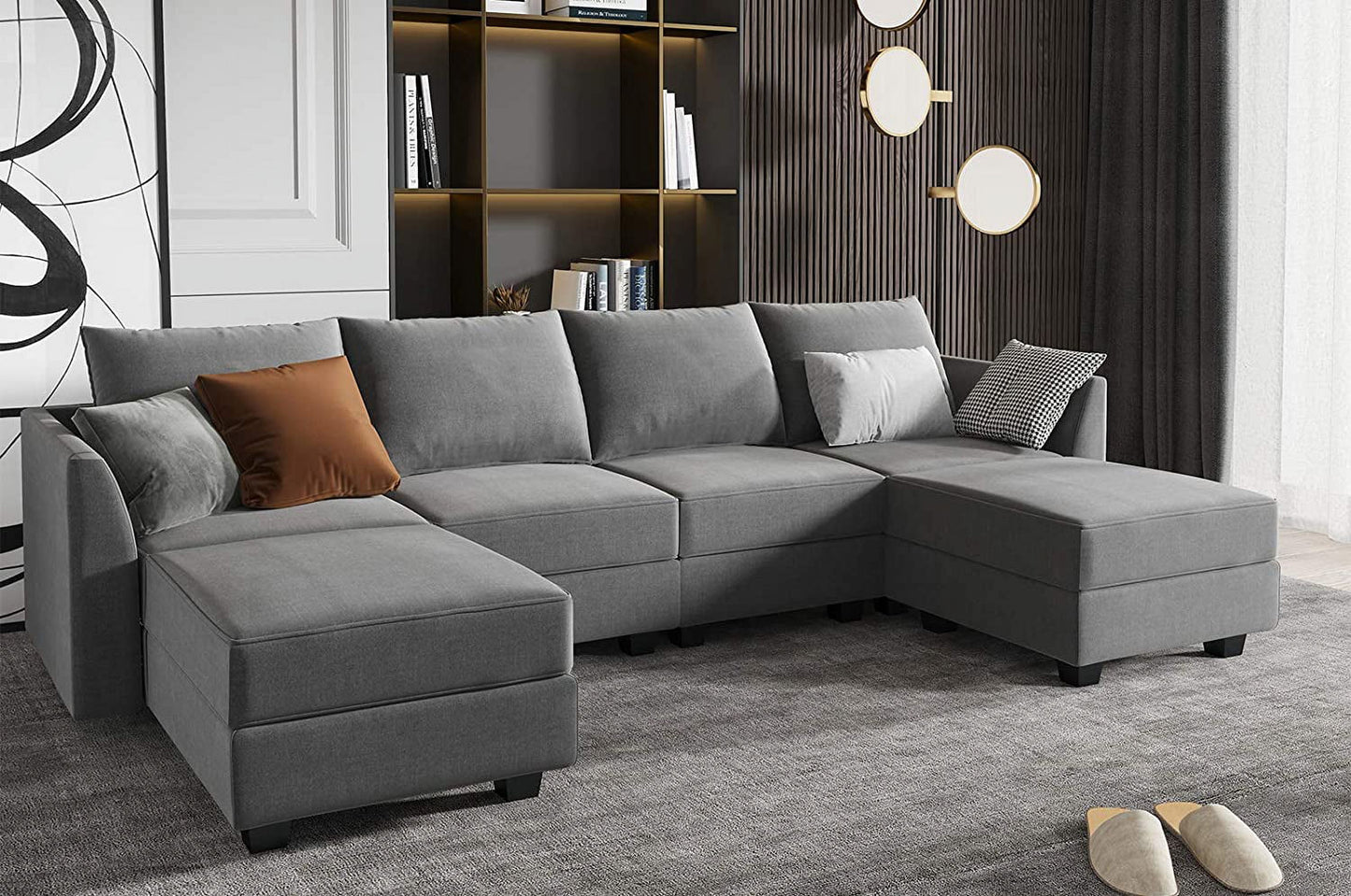 Large U-Shaped Modular Sectional Sofa with Storage Ottoman Convertible Living Room Furniture Set, Polyester Fabric, Solid Wood Frame, Gray
