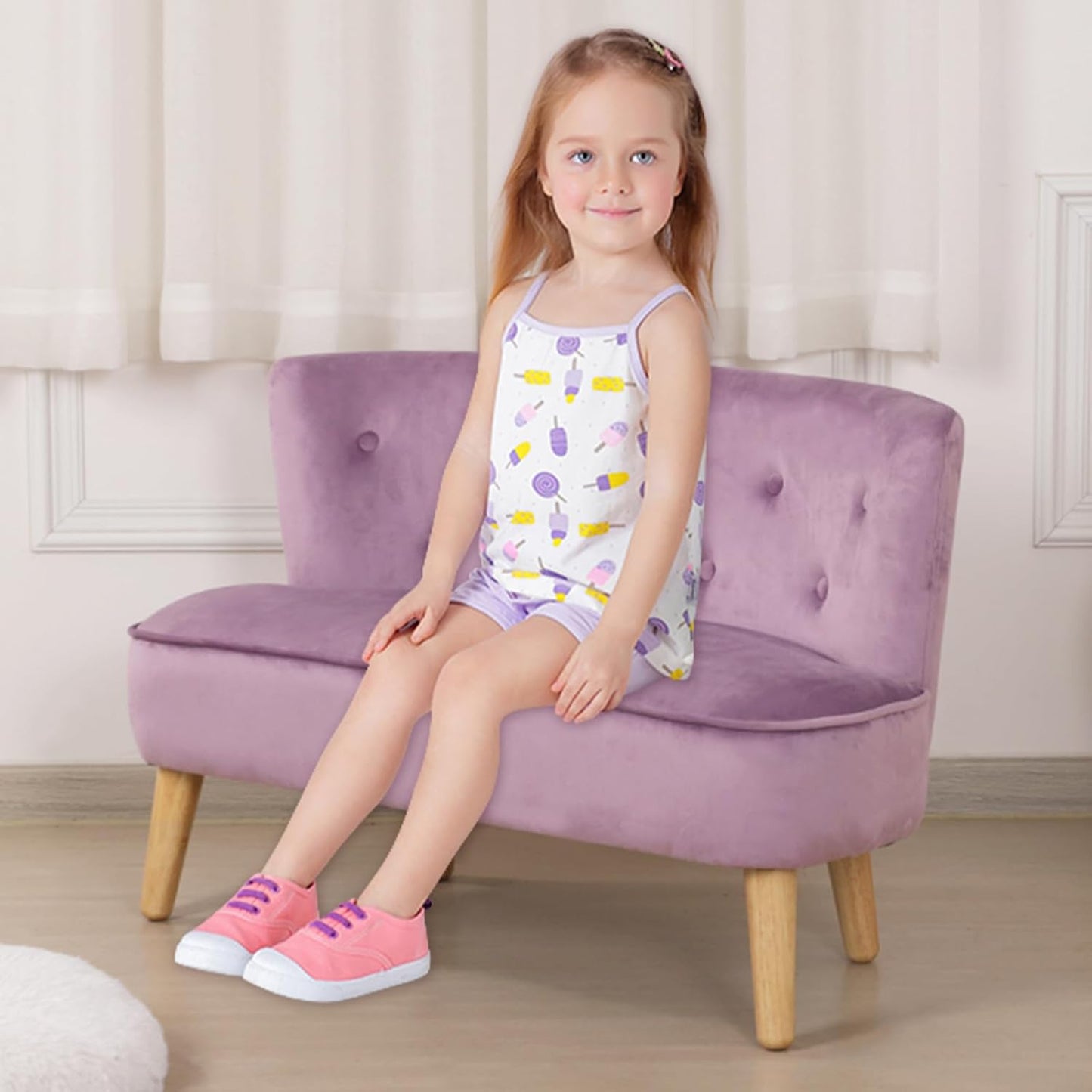 2-Seat Kid Sofa Couch with Velvet Fabric,Kid Sofa Chair with Wooden Frame for 3-6 Age Children Gift,35.6" Length, Purple