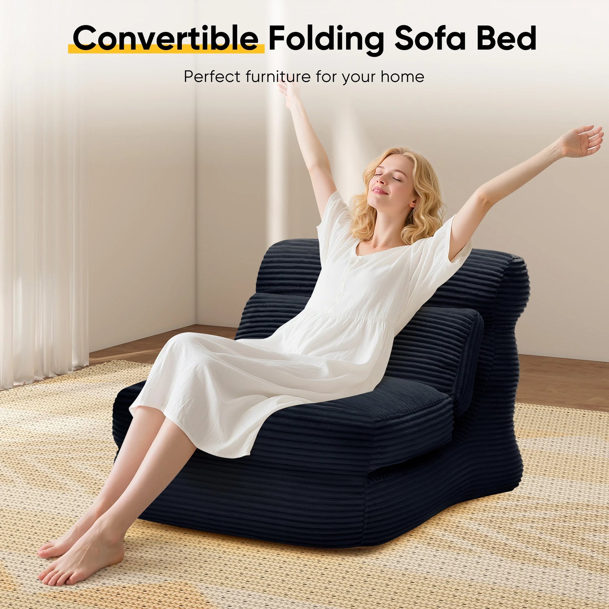 Folding Sofa Bed, 3 in 1 Convertible Sofa with Back Support, Portable Folding Chair Bed, Living Room Bedroom Comfortable Floor Sofa Lounge, Single Bed, Black