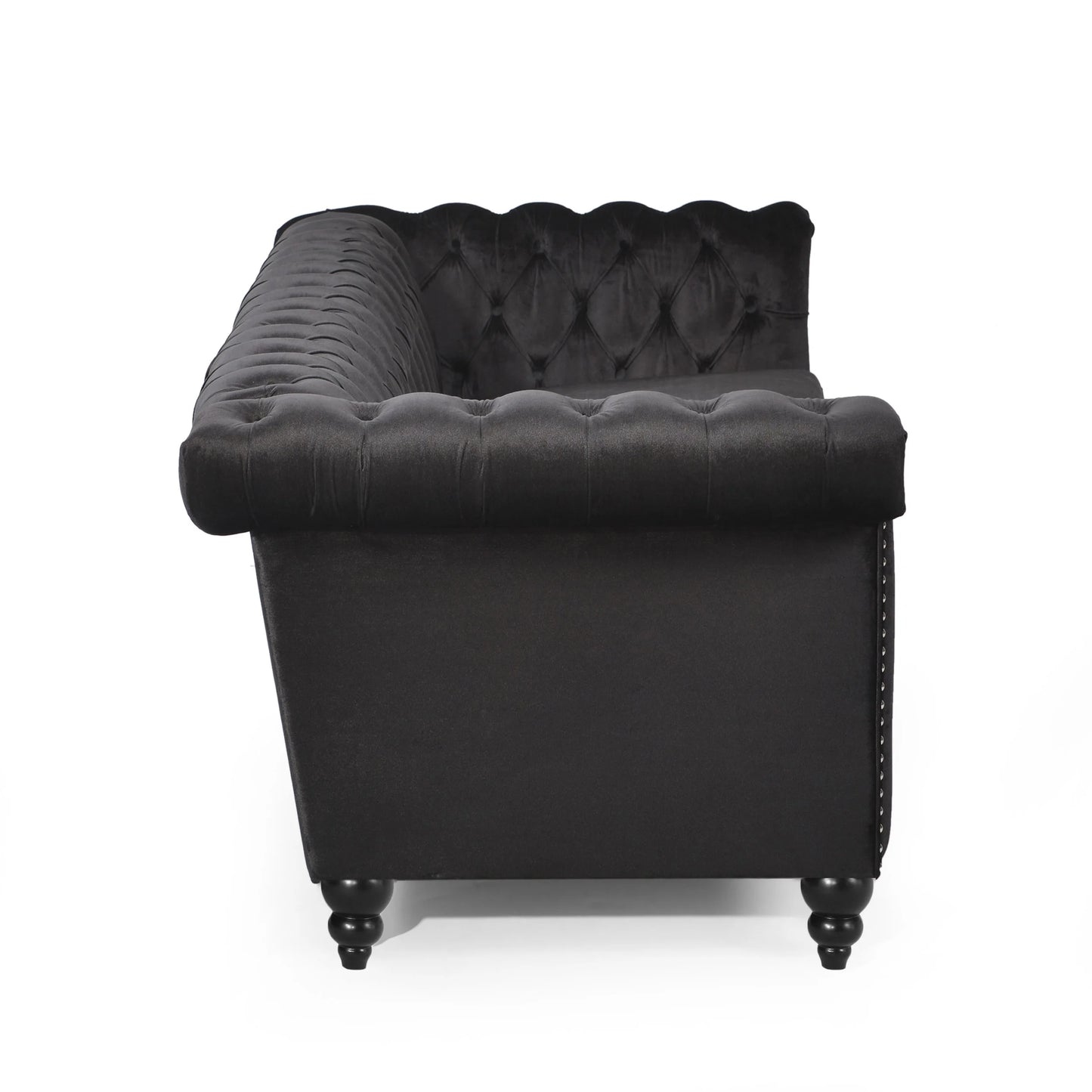 Zyiere Tufted Chesterfield 3 Seater Sofa, Black Velvet and Dark Brown