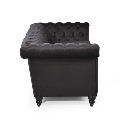 Zyiere Tufted Chesterfield 3 Seater Sofa, Black Velvet and Dark Brown