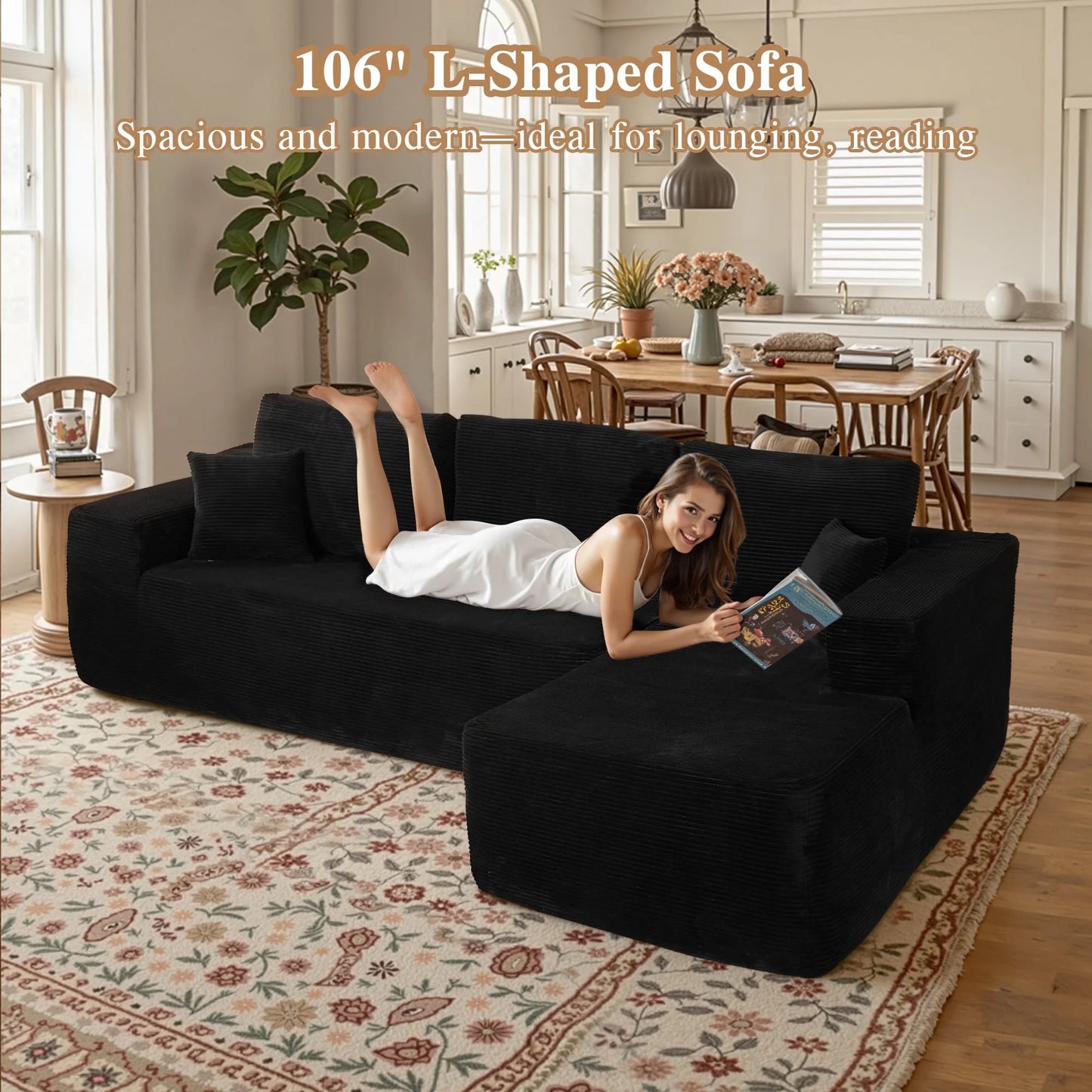 106" U-Shaped Sectional Sofa with Ottoman Modern Modular Cloud Couch with Deep Seating Upholstered Sofa for Living Room Bedroom, No Assembly Required, Black(Corduroy)