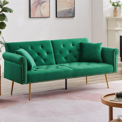 71 Inches Convertible Futon Sofa Bed,Modern Reclining Futon Loveseat Couch Sleeper Sofa with 2 Pillows Sleeper Sofa for Living Room,Green